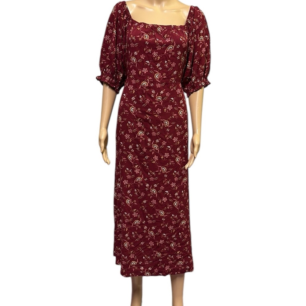 Mod Lusive Rayon Burgundy Floral Print Smocked Back Puff Sleeve Maxi Dress XL
